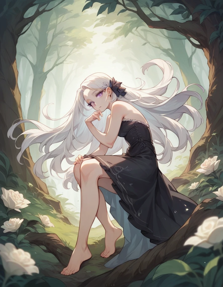 White skinned girl, straight white hair to the middle of the back, It has a straight cut fringe, quite striking violet eyes, equally white eyelashes and eyebrows, dressed in a light black dress, She is barefoot looking at a spring in an enchanted forest with magical creatures
