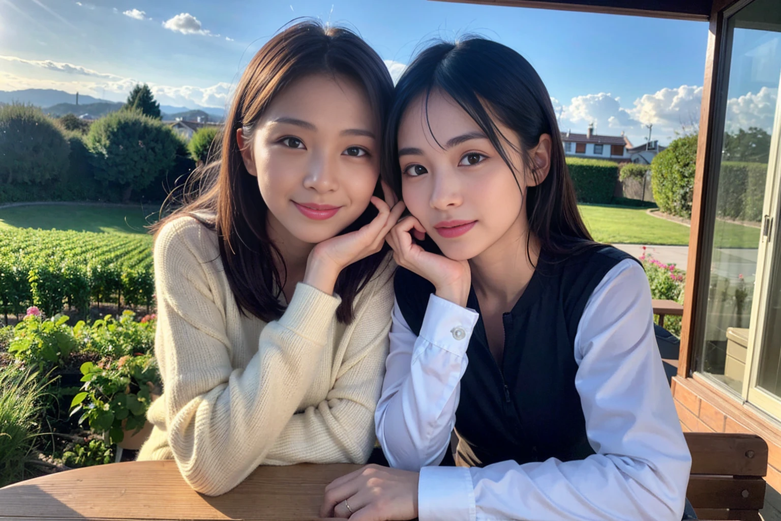 ((Highest quality、、masterpiece:1.3))、1 male、1 female,44 years old 39 years old、Please shine a light on my face、Slim Beauty、Beautiful couple、Upper Body、smile、 (Slim face), (the body is スリム), (Brown Hair), (Shortcuts), テーブルのフルコースディナーとwine glass、Amazing view of the sunset sky and clouds、smileの美しさ、Wine bottle、sparkling wine、Long sleeve shirt、dress、White wine, red wine, wine glass, Beautiful fine grain, Depth f/2,saturation, High Contrast, Strong light and shadow,Moist Body:1.5、 texture、The hair is very shiny、
