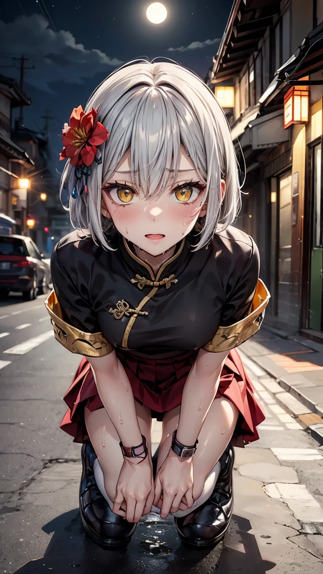 Young girl , short silver bob hair, hair flower, sharp bangs between the eyes, yellow eyes, eyes large, traditional chinese imperial clothes black with gold details, red skirt, black thigh high socks. lateral view, fully body, crouched on the street of a Japanese city, at night, with full moon in the background, light reflecting on the sexy and sweaty body. (((sweat)))