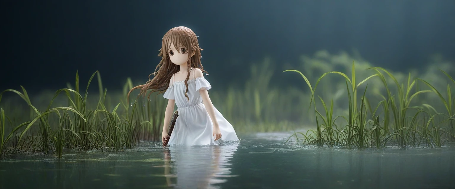 score_9, score_8_wonderful, score_7_wonderful, score_6_wonderful, sauce_anime, 部分的にIn the water,
One Girl, Long Hair, Brown Hair, Wet Hair,
White Dress, Swamp,
Dark Background, Blurred Edges,8-year-old、Adventurer、Flat Chest、Pitch-dark underground labyrinth、No light、skirt、Equipped with a dagger and a shield、水面よりwonderfulの顔、In the water, In the water写真、浮力でskirt捲れる