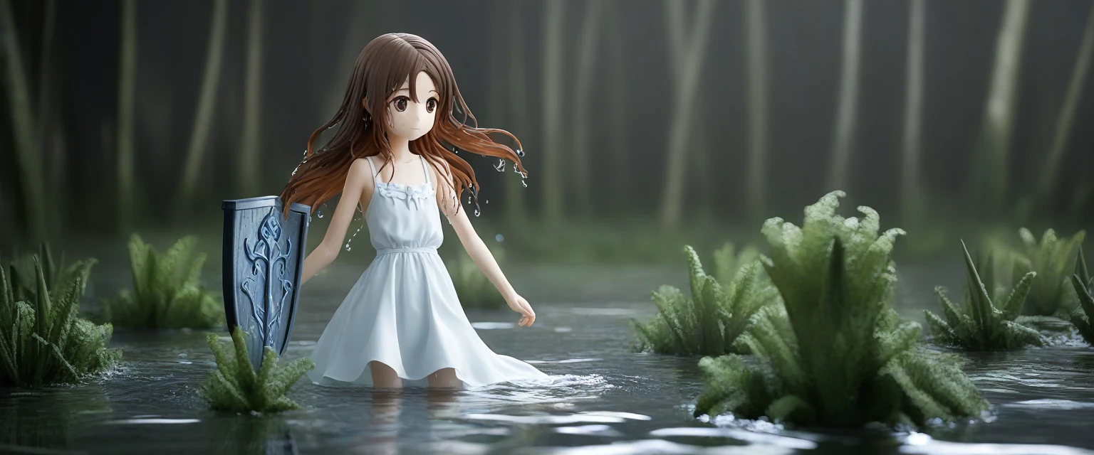 score_9, score_8_wonderful, score_7_wonderful, score_6_wonderful, sauce_anime, 部分的にIn the water,
One Girl, Long Hair, Brown Hair, Wet Hair,
White Dress, Swamp,
Dark Background, Blurred Edges,8-year-old、Adventurer、Flat Chest、Pitch-dark underground labyrinth、No light、skirt、Equipped with a dagger and a shield、水面よりwonderfulの顔、In the water, In the water写真、浮力でskirt捲れる