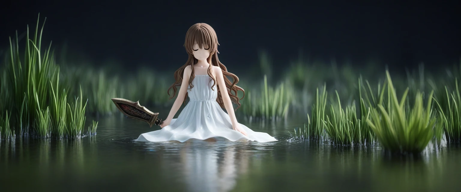 score_9, score_8_wonderful, score_7_wonderful, score_6_wonderful, sauce_anime, 部分的にIn the water,
One Girl, Long Hair, Brown Hair, Wet Hair,
White Dress, Swamp,
Dark Background, Blurred Edges,8-year-old、Adventurer、Flat Chest、Pitch-dark underground labyrinth、No light、skirt、Equipped with a dagger and a shield、水面よりwonderfulの顔、In the water, In the water写真、浮力でskirt捲れる