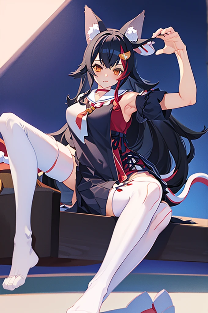 masterpiece、Highest quality、High resolution、One girl、night、shrine、Moonlight、Foot pose、:\3、miodefault、Long Hair、hair ornaments、Sailor collar、Black Shirt、Black Skirt、Sleeveless、abdomen、Red and white rope、(White knee socks:1.2)、tall、Curvaceous、Wolf's tail、(Perfect hands)、(Perfect Anatomy)、