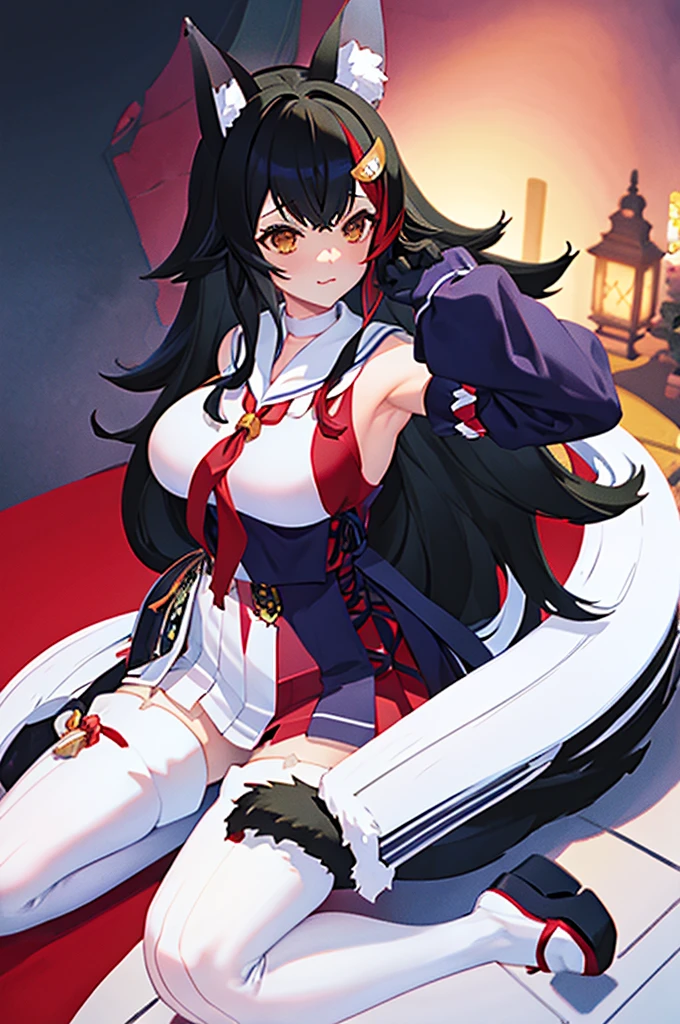 masterpiece、Highest quality、High resolution、One girl、night、shrine、Moonlight、Foot pose、:\3、miodefault、Long Hair、hair ornaments、Sailor collar、Black Shirt、Black Skirt、Sleeveless、abdomen、Red and white rope、(White knee socks:1.2)、tall、Curvaceous、Wolf's tail、(Perfect hands)、(Perfect Anatomy)、