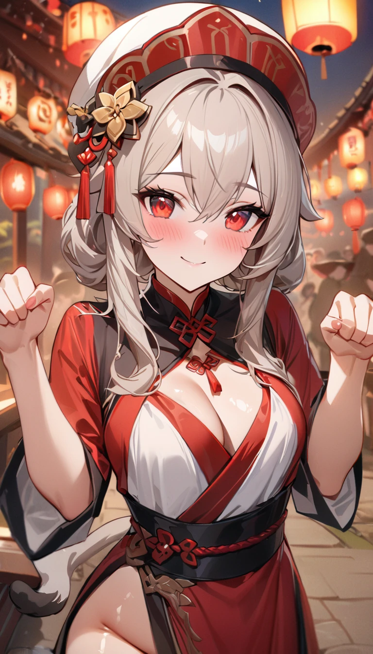 (((best quality)), ((masterpiece)), (details), masterpiece, best quality, high quality, ulutra detailed, perfect face,Shiny Hair、Glowing Skin、blush、Lustful look、1girl、walnut、Genshin Impact、smile、hutao,1girl,jewelry,hat,flower,red eyes、Festivals、Lanterns lined up、Chinese gorgeous outdoor background、Cat Pose