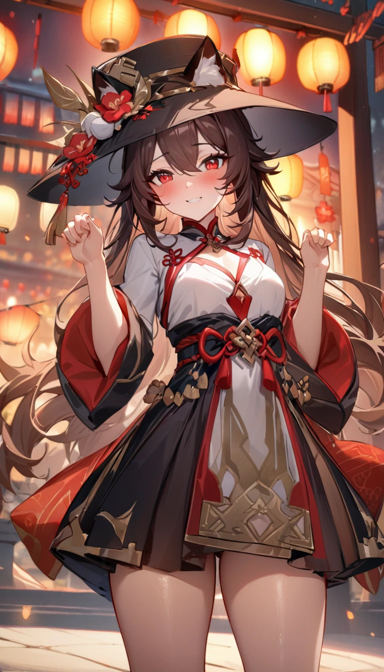 (((best quality)), ((masterpiece)), (details), masterpiece, best quality, high quality, ulutra detailed, perfect face,Shiny Hair、Glowing Skin、blush、Lustful look、1girl、walnut、Genshin Impact、smile、hutao,1girl,jewelry,hat,flower,red eyes、Festivals、Lanterns lined up、Chinese gorgeous outdoor background、Cat Pose