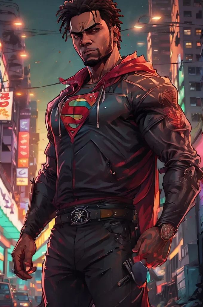 A brooding vigilante, embodying elements of Pop Art, and Cubism styles, exudes a grunge undertone in a movie poster aesthetic. PASTEL tetradic colors pop against a black light spot, creating a high-octane energy. This captivating image captures the Superman the dark knight in a dynamic and edgy manner, blending different art styles seamlessly. The details in the artwork are exquisite, showcasing the character's intense nature and complexity. The high quality of the image is undeniable, drawing viewers into the intense world of the Superman . Sinister atmosphere. Full body. super hyper, Sony A7S Ill, f/ 9.0, 1/400. Sharp focus, megapixel.