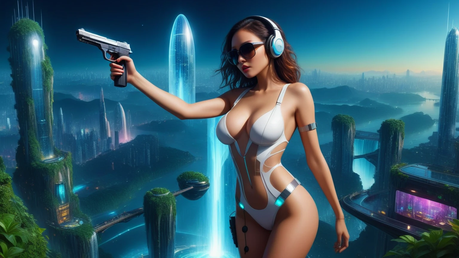 Futuristic floating city, huge high-tech tablet platform, airship, colorful lights, skyscrapper, transparent path, lush greenery, sky gardens, waterfalls, sparkling river, transparent dome, walkway, tower, very dark night, holographic display, aerial view. (((((1girl, solo, alone))))), large-breast:1.2 slim body, cleavage:1.1, sexy elegant long half-transparent white dress, (headphone, black sunglasses), (((standing and holding pistol pose))), (((half-body thigh level medium shot))), cinematic lighting, lens flare, ray tracing.