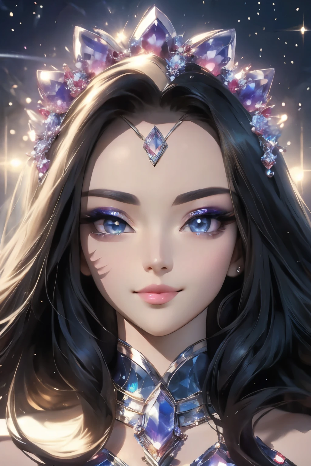 ((best quality)), ((masterpiece)), (detailed), detailed gemstone eyes that holds and reflects galaxies, close-up eyes image, her pupils are a white star, well-proportioned detailed crystal eyes, 1 crystal eight-pointed star shape on forehead, delicate and beautiful detailing, beautiful face, round detailed eyes and makeup, very beautiful and meticulous eight-pointed crystal star on forehead, delicate, mouth closed smile, not fully smiling