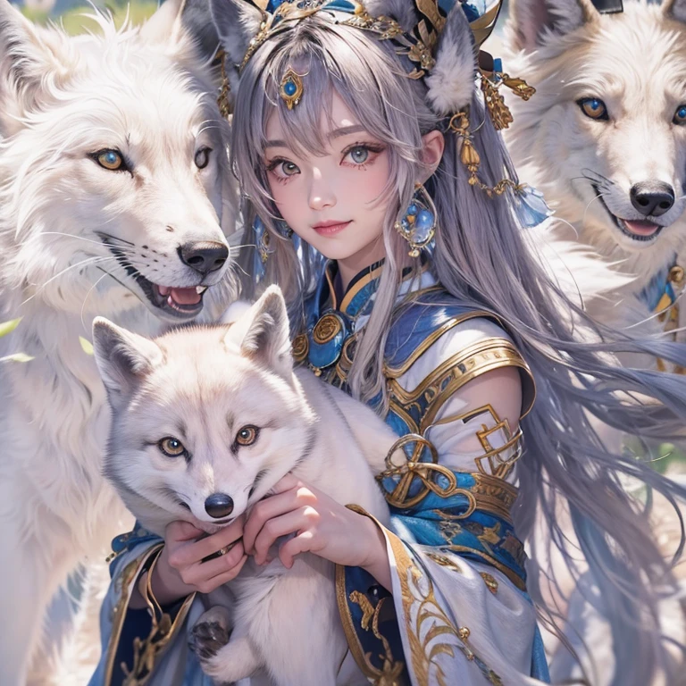 Hiding in an ancient shrine、Hair flow、 ((Highest quality、masterpiece、8K、Best image quality、Ultra-high resolution、Award-winning works)、(Accurate anatomy:1.1)、(Look at me and smile:1.1)、Shining fair skin with Ultra-high resolution、The most detailed face、Ultra-high resolution detailed face、Ultra-high resolutionの髪の毛、(Ultra-high resolutionの煌めく瞳:1.1)、Beautiful face drawn in every detail、(Blurred Background:1.1)、Ancient maiden costume, Chest to chest, tattoo、Arctic fox