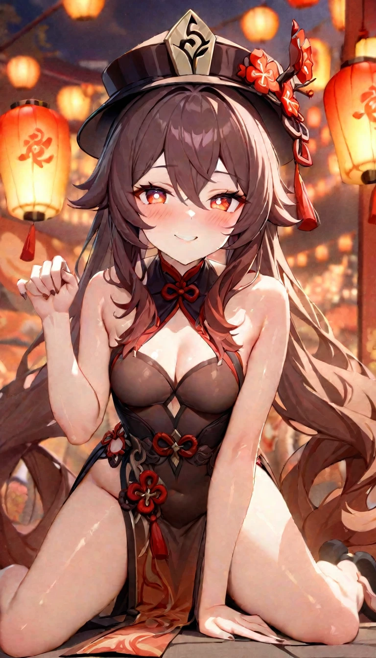 (((best quality)), ((masterpiece)), (details), masterpiece, best quality, high quality, ulutra detailed, perfect face,Shiny Hair、Glowing Skin、blush、Lustful look、1girl、walnut、Genshin Impact、smile、hutao,1girl,jewelry,hat,flower,red eyes、Festivals、Lanterns lined up、Chinese gorgeous outdoor background、Cat Pose