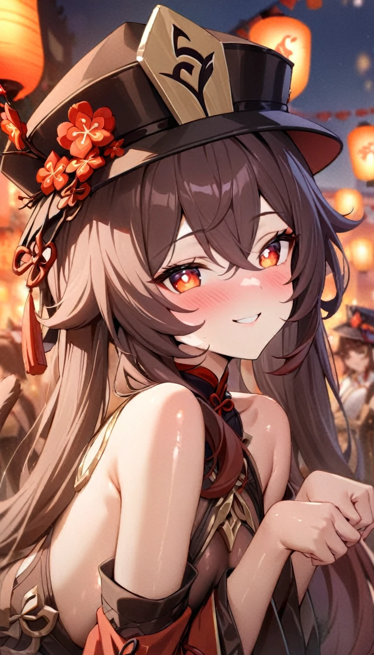 (((best quality)), ((masterpiece)), (details), masterpiece, best quality, high quality, ulutra detailed, perfect face,Shiny Hair、Glowing Skin、blush、Lustful look、1girl、walnut、Genshin Impact、smile、hutao,1girl,jewelry,hat,flower,red eyes、Festivals、Lanterns lined up、Chinese gorgeous outdoor background、Cat Pose