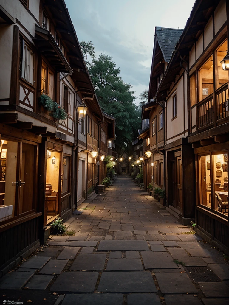 **Malra - Die Waldstadt**

Malra is a medieval town in the dense forest, built without cutting down a tree. The buildings blend seamlessly into nature, with trees, that run through the streets and squares. Malra combines architecture and nature in perfect harmony and offers an oasis of peace. it is evening, and in the city there are lanterns with blue flames, blue light shining in the alleys while the streets are bustling with activity.