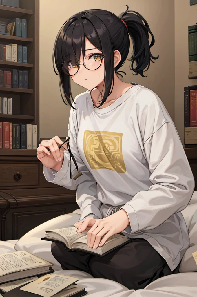 woman, hair over one eye, golden eyes, Tomboy, sitting on the ground, white shirt, black sweatpants, looking at viewer, bed, black short hair with a ponytail, books lying around, bedroom background, round glasses, bags under eyes, tired, reading a book