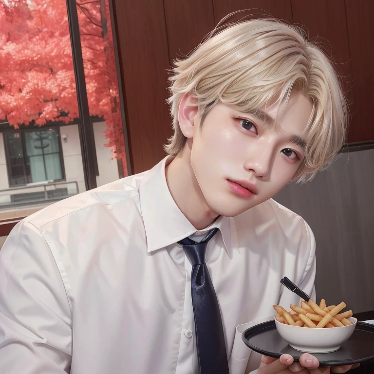 blond boy in white shirt and tie posing for a photo, cai xukun, taken at the beginning of 2020, hyung tae, tomboy short platinum hair, he has dark gray hair, Tae June Kim, Jimin, Taehyung eating Gucci fries, all from the group nct, park Jimin, Mark Lee, Retrato de Jossi do Blackpink