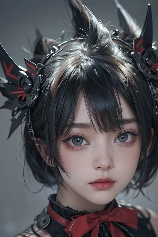 One Girl，(1人のとてもcute女の子:1.3)，masterpiece，Highest quality，High resolution，From below，Low - Angle，Photorealistic，RAW Photos，Ray Tracing，beautiful girl，(6 years old:1.3)，cute，Big eyes，(detailed pupils:1.2)，(The face is facing forward:1.3)，Cute nose，Beautiful nose，Upturned nose，Fuller lips，Short black hair，ponytail，short hair，Detailed eyelashes，Thin eyebrows，Very fine grain definition，(Symmetrical eyes:1.3)，(Face close-up，Face Focus:1.0)，Small breasts，Short neck，Off the shoulder，People emerge，Dark Background，forest，Portrait，View Viewer，Upper Body，Cinema Lighting，High resolution，Very detailed