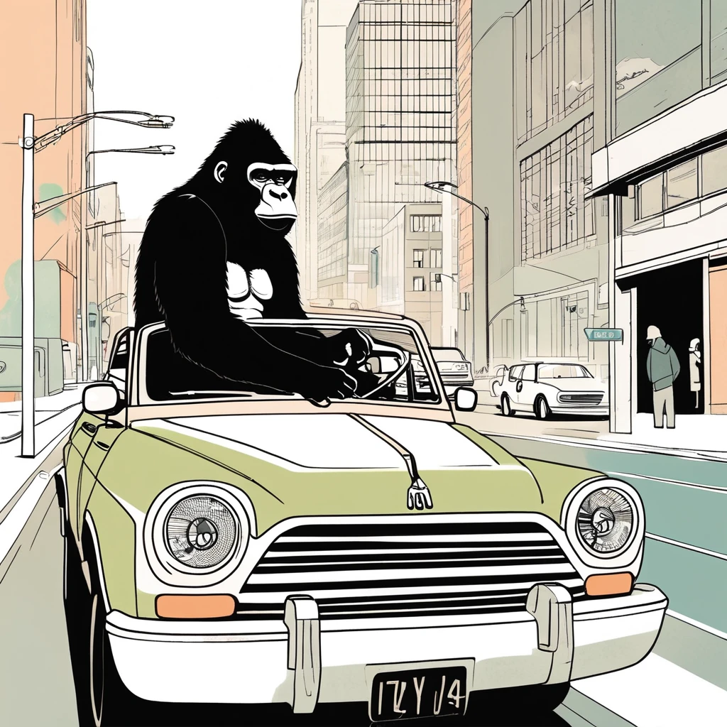 gorilla-like , sweet,very cute,art by Sophie Roach , art by Jon Klassen , art by Michael Cho , art by Sophie Roach、sunglasses,smoking,city、driving、suv