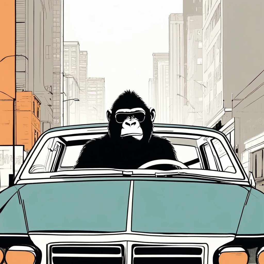 gorilla-like , sweet,very cute,art by Sophie Roach , art by Jon Klassen , art by Michael Cho , art by Sophie Roach、sunglasses,smoking,city、driving