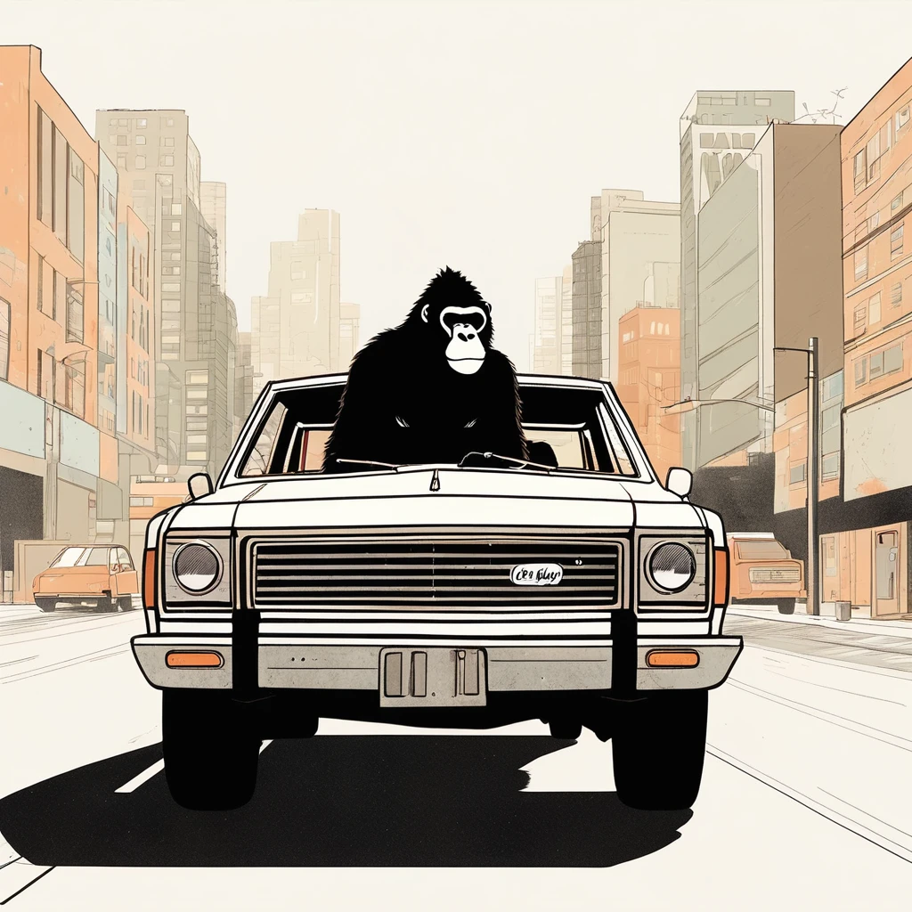 gorilla-like , sweet,very cute,art by Sophie Roach , art by Jon Klassen , art by Michael Cho , art by Sophie Roach、sunglasses,smoking,city、driving、suv