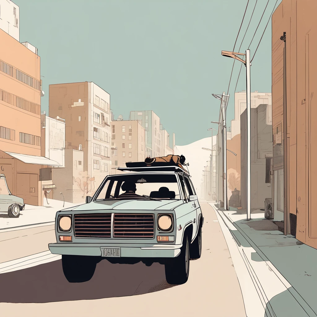 gorilla-like , sweet,very cute,art by Sophie Roach , art by Jon Klassen , art by Michael Cho , art by Sophie Roach、sunglasses,smoking,city、driving、suv