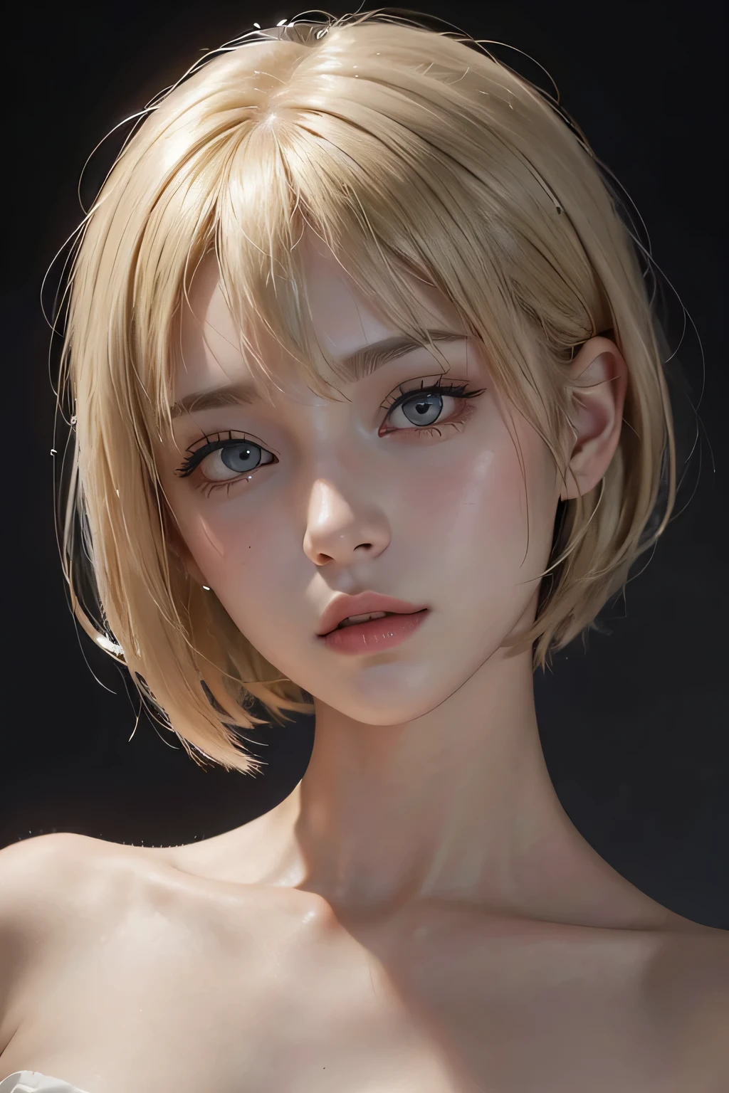 a 20 yo woman, (eyes on view), ((half body)), (full face), blonde, (short hair), head tilt right, dark theme, soothing tones, muted colors, high contrast, (detail hair), (natural skin texture, hyperrealism, sharp)