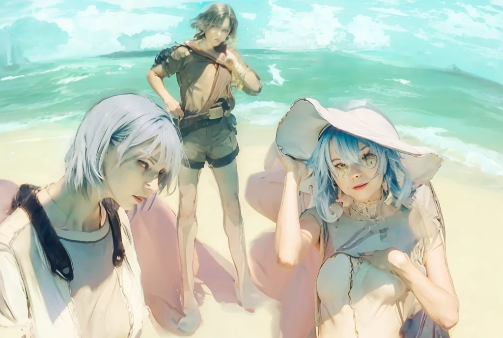 2 young girl, wear hijab, flat chested, naked, walking on a beach, hands holding each other, happy smile, low angle, full body photo, 