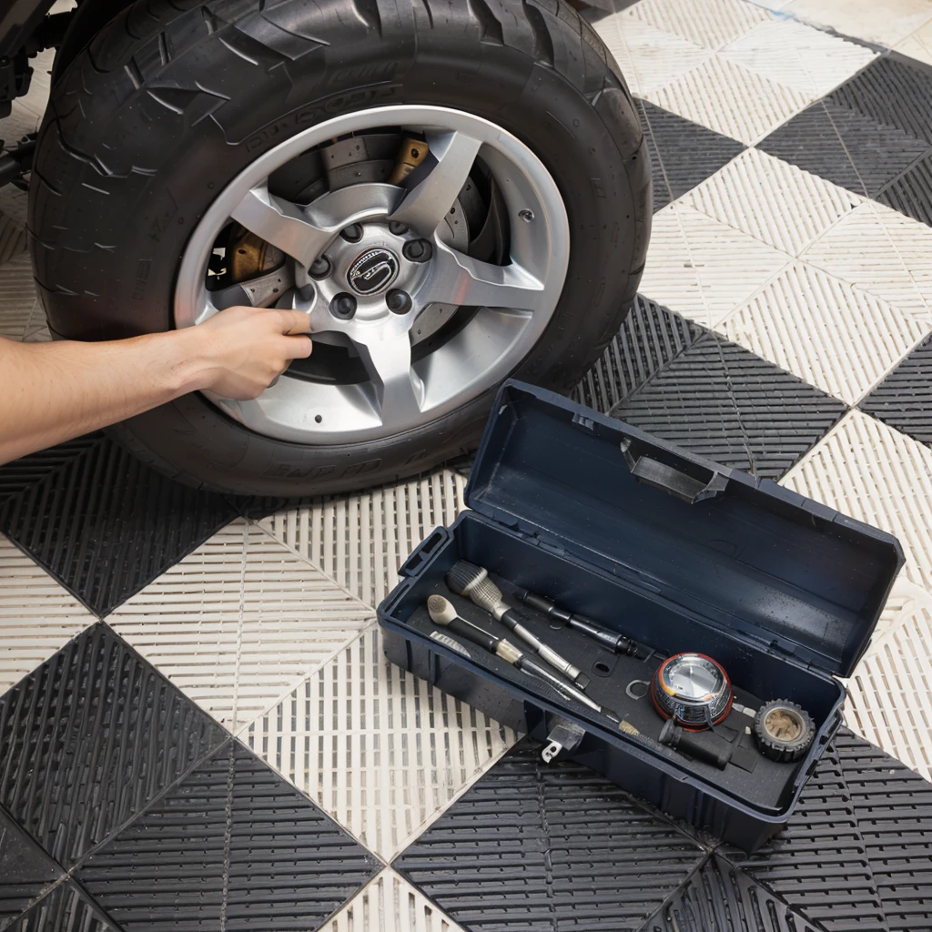 A man was repairing a tire on the floor, Detailed enlargement of photo, High angle close-up, maintain, DIY, wrench, 100 mm, 1 0 0 mm, 月牙wrench, checkered floor, Detailed wide angle shot, wheel, mechanical, common, Retro look, mechanicals, wheels, 150 mm, 150 mm,unbelievably realistic