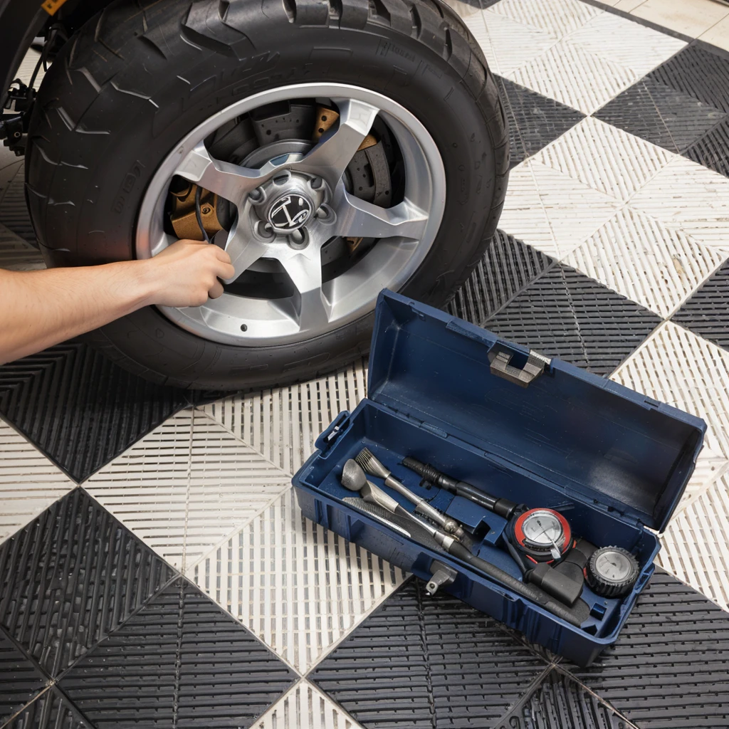 A man was repairing a tire on the floor, Detailed enlargement of photo, High angle close-up, maintain, DIY, wrench, 100 mm, 1 0 0 mm, 月牙wrench, checkered floor, Detailed wide angle shot, wheel, mechanical, common, Retro look, mechanicals, wheels, 150 mm, 150 mm,unbelievably realistic