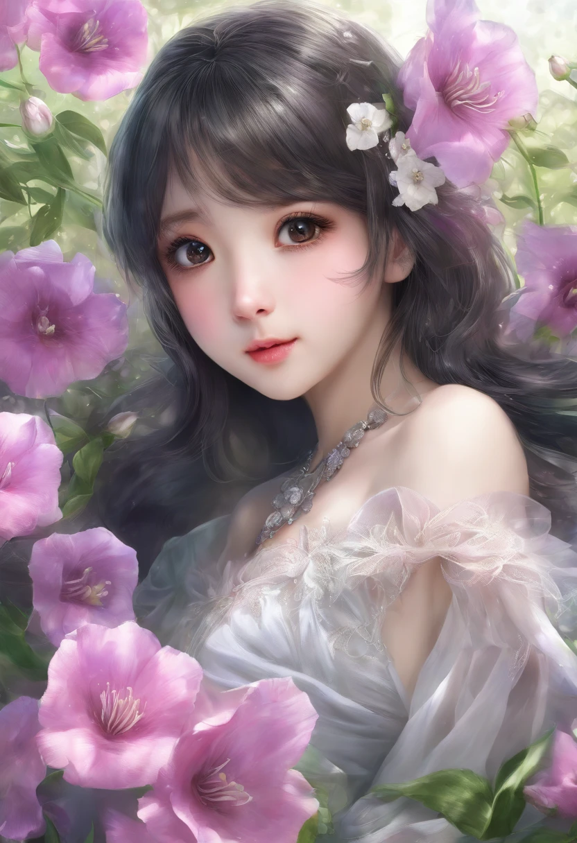 best quality,masterpiece,Ultra-high resolution,(photoactual:1.4),,Sky full of platycodon flowers(background),20 years old ,Balloon Flower Fairy(Japanese Girls),Dark blue shawl long hair,cute eyes,Sexy body,Big breasts,Wearing a platycodon flower strapless skirt,Sitting among the lisianthus flowers,The mouth smiles,Thinking with lisianthus flowers in hand,