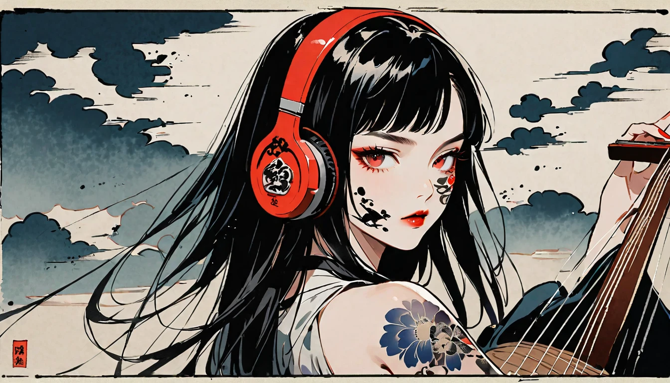 Ink Painting, (((1 person))), (((Tattoo on face))), (((Japanese String Instruments))), Japanese style headphones, Beautiful girl possessed by a demon, Black Hair, Red eyes, Delicate and precise, Modern ukiyo-e style
