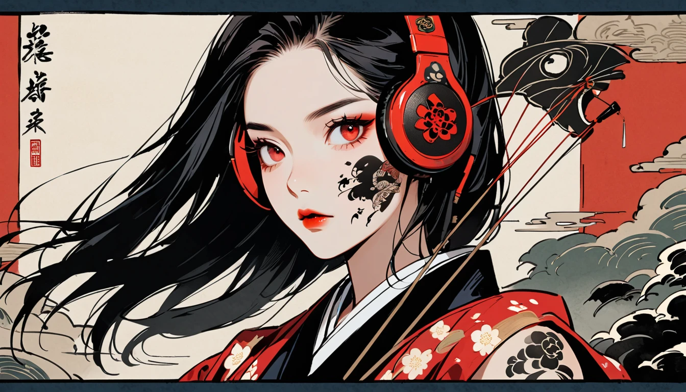 Ink Painting, (((1 person))), (((Tattoo on face))), (((Japanese String Instruments))), Japanese style headphones, Beautiful girl possessed by a demon, Black Hair, Red eyes, Delicate and precise, Modern ukiyo-e style