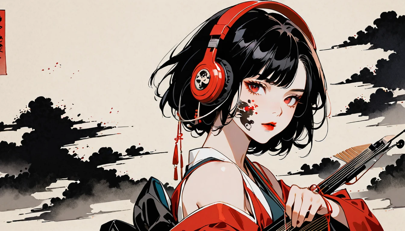 Ink Painting, (((1 person))), (((Tattoo on face))), (((Japanese String Instruments))), Japanese style headphones, Beautiful girl possessed by a demon, Black Hair, Red eyes, Delicate and precise, Modern ukiyo-e style