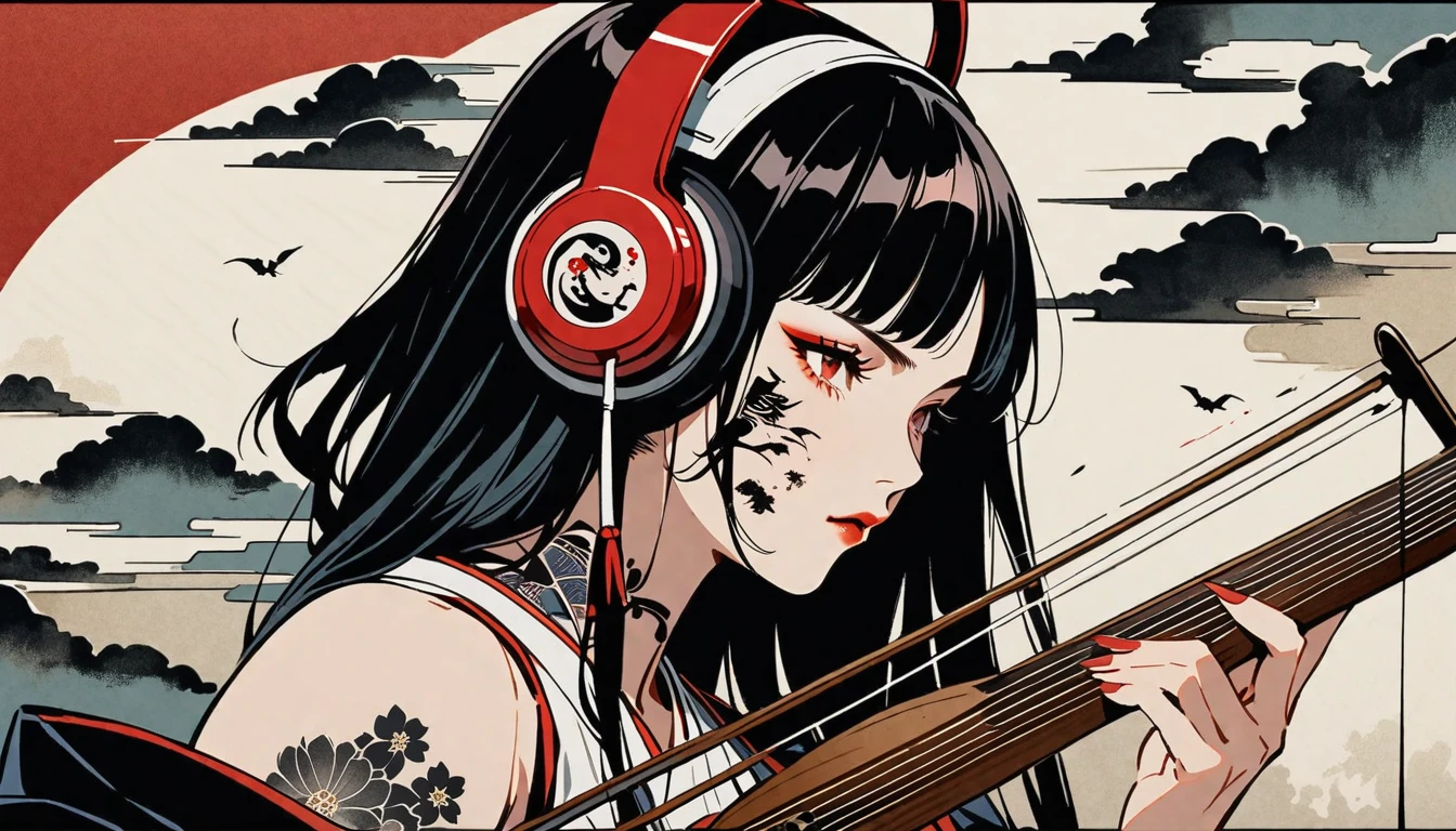 Ink Painting, (((1 person))), (((Tattoo on face))), (((Japanese String Instruments))), Japanese style headphones, Beautiful girl possessed by a demon, Black Hair, Red eyes, Delicate and precise, Modern ukiyo-e style