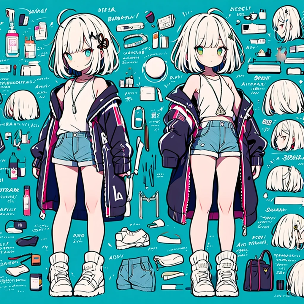 Stylized anime illustration BREAK Profile focused on character in background BREAK Short-haired white character wearing a large hooded jacket, BREAK looks to the side with a calm expression。The complex background of machine gears and cogs、Expressed in a variety of soft colors。, Create complex yet harmonious mosaics