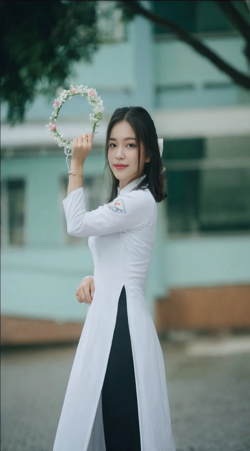 ((Day, Best Quality, 8K, Realistic)), Perfect body beauty: 1.4, Slender abs: 1.2, ((Long dark brown hairstyle: 1.1, Medium Breasts: 1.2)), (White long shirt: 1.1, Black long outerwear: 1.1, Standing: 1.2), (Outdoor, Rain: 1.1, Streets background, Day light view: 1.1), (Wet hair: 1.1), Highly detailed face and skin texture, detailed eyes, double eyelids, seductive smile, full body camera view, selfie camera view, (Face looking at the camera, Holding the camera: 1.2, Selfie: 1.2)