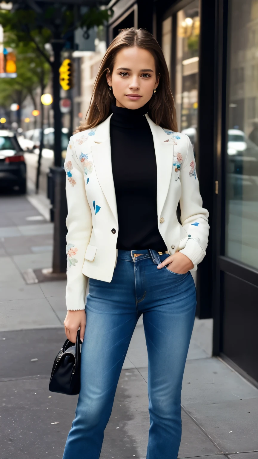 Foto hiperrealista en primer plano de Alicia Vikander, masterpiece, best quality, (photorealistic:1.4), full body,  (white floral jacket:1.2), (black black black turtle neck sweater:1.1), (blue jeans:1.1), heels,  street of New York, sunny day, cinematic light, beautiful woman, skinny, medium  breasts, wave dark blond hair, detailed face, smile, facing the camera, photo taken from a distance, age of 20 years old,