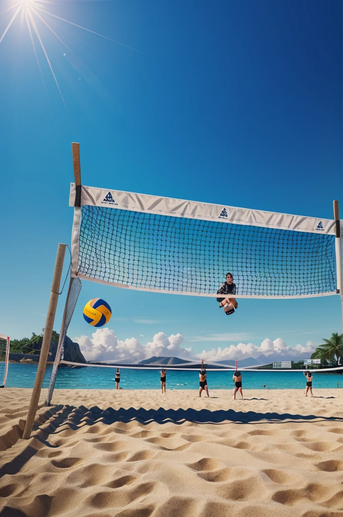 masterpiece,best quality,The background is the beach,((There is a volleyball net present))(Extremely detailed 8K wallpaper),(best quality),(Best illustration),(Best shadows),absurd,realistic lighting,(abyss),Beautiful detailed glow,PeterMohrBacherArt