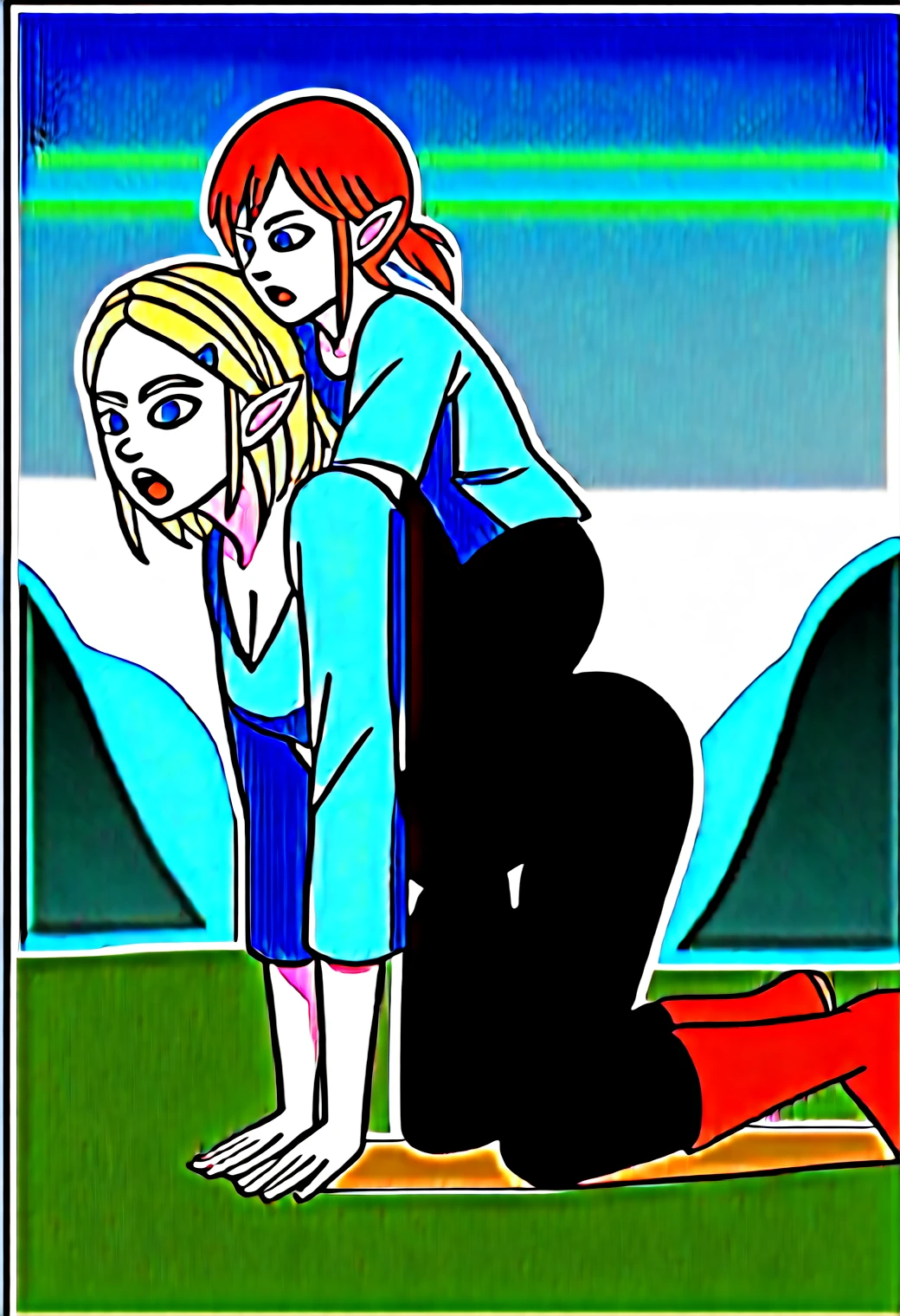 piggyback riding, human chair, all fours, sitting on person, boy on top, 1girl, blue eyes, link, zelda, the legend of zelda: breath of the wild, 1boy, from side, clothed, black pants, blue dress, brown boots, looking to the side, charging, open mouth, shouting, wooden shield, half-closed eyes, angry, outdoors, grass, mountainous horizon, blue cloudy sky,
BREAK
score_9, score_8_up, anime, (high quality, detailed, beautiful), shiny, detailed beautiful eyes, outstanding, countershading, detailed soft lighting