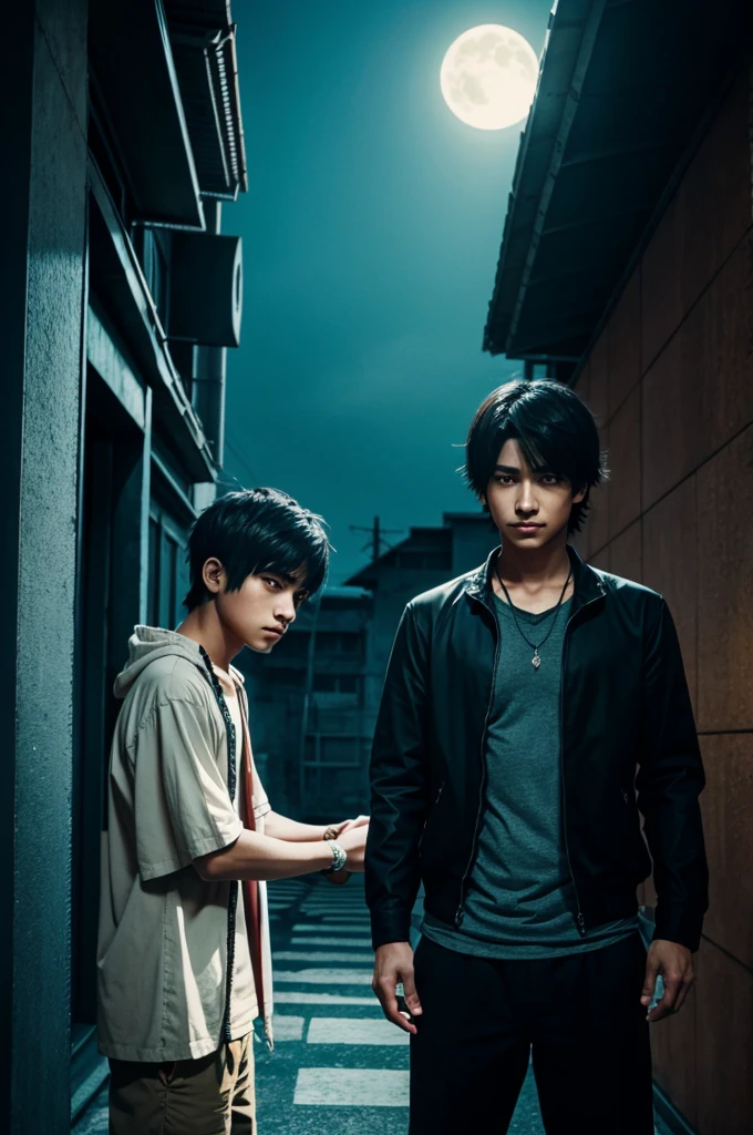 Two lone brothers in one frame in dark anime style