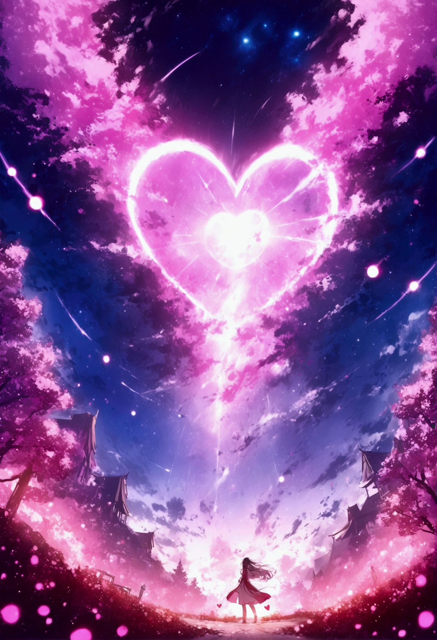masterpiece, Concept Art, Panorama, in the center, shape, Wide Shot, garden, night, (meteor), Space galaxy background, (Great composition, Epic scale), Dynamic Lighting, Bright colors, cherry blossoms,1 Girl,Glowing light particles、heart、heart、love affair