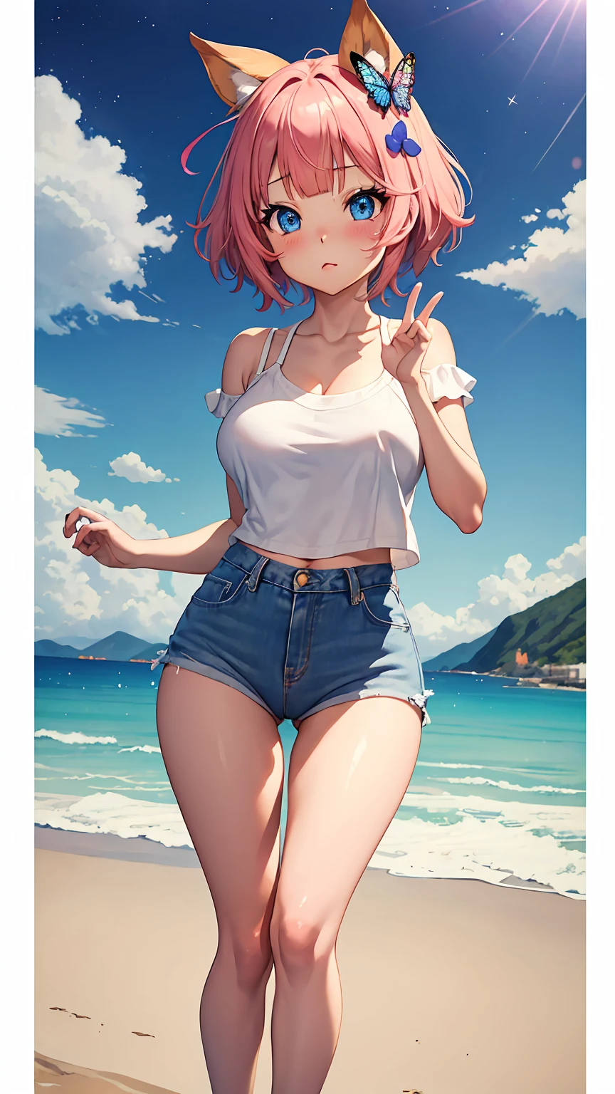 [nino nakano, short hair, bangs, blue eyes, hair ornament, hair ribbon, pink hair, blunt bangs, two side up, butterfly hair ornament, large breasts], 1girl, anime girl, anime, 2d girl, (fullbody), standing, anime girl, ((blowing kiss to viewer)), heart, Solo, Slim, Tight Shorts, low waist shorts, upshorts, The night background, in front of beach house, distant mountain in the background, stars in the sky, looking at viewer, darker shadows, (((explicit))), (((shorts))), (((absurdres))), (((thigh gap))), cameltoe, (((cameltoe))), (((cleft of venus))), (((pussy outline in shorts))), (((pussy contour in shorts))), (((lowleg shorts))),
