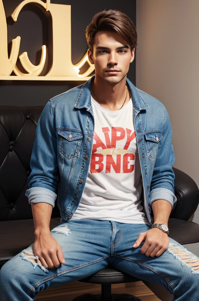 3D illustration of a man sitting casually on front of a cake. The character must wear casual model clothing such as jeans jackets and sneakers shoes. The background of the image is a party theme. Write 'Name' on the birthday cake. Make sure the text is not misspelled. His age is 'Age'