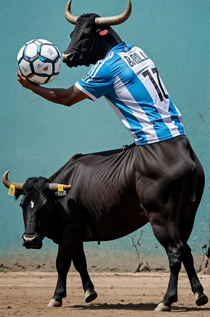Drawing of a bull wearing an Argentina shirt with a ball in its paws