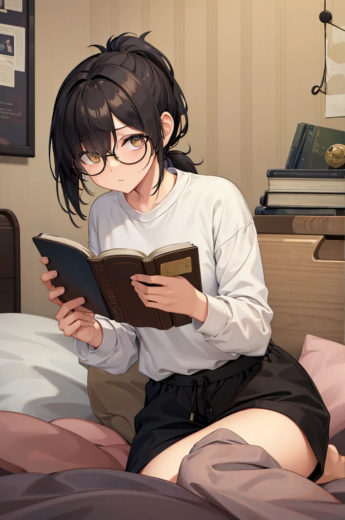 woman, hair over one eye, golden eyes, Tomboy, sitting on the ground, white shirt, black sweatpants, looking at viewer, bed, black short hair with a ponytail, books lying around, bedroom background, round glasses, bags under eyes, tired, reading a book