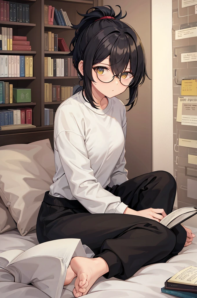 woman, hair over one eye, golden eyes, Tomboy, sitting on the ground, white shirt, black sweatpants, looking at viewer, bed, black short hair with a ponytail, books lying around, bedroom background, round glasses, bags under eyes, tired, reading a book