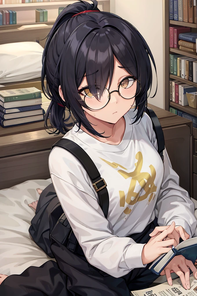 woman, hair over one eye, golden eyes, Tomboy, sitting on the ground, white shirt, black sweatpants, looking at viewer, bed, black short hair with a ponytail, books lying around, bedroom background, round glasses, bags under eyes, tired, reading a book