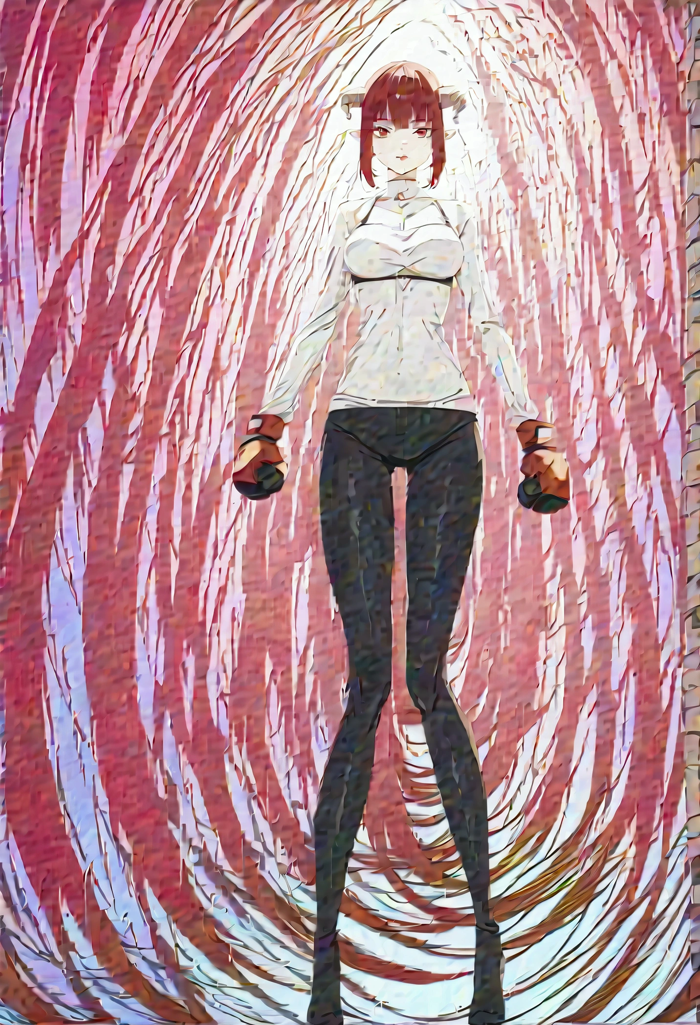 best qualityer,work of art, high resolution,original, comely detailed eyes,ultra detali,
1 girl, standing alone, whole body,
short tank top, short pants, boxing gloves,
breasts big, wide hip, mature woman,
Glamorous body,
horn on head, torn dress, boxer,
reference no, lighting perfeita,colorfully, Ablaze_正面_face_lighting, pele Ablaze, Perfect Anatomia,
(comely_face:1.5),Eyes red