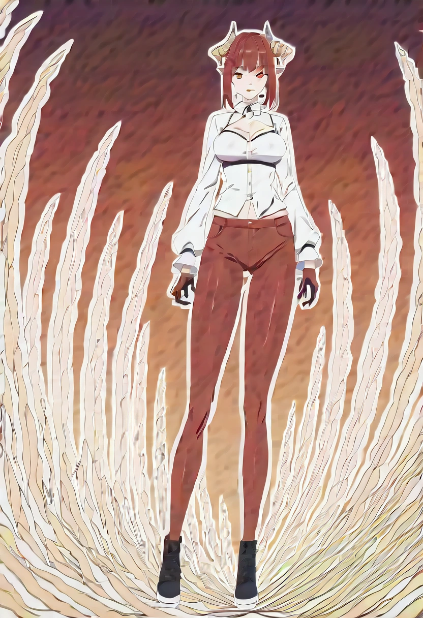 best qualityer,work of art, high resolution,original, comely detailed eyes,ultra detali,
1 girl, standing alone, whole body,
short tank top, short pants, boxing gloves,
breasts big, wide hip, mature woman,
Glamorous body,
horn on head, torn dress, boxer,
reference no,  lighting perfeita,colorfully, Ablaze_正面_face_lighting, pele Ablaze, Perfect Anatomia,
 (comely_face:1.5),Eyes red