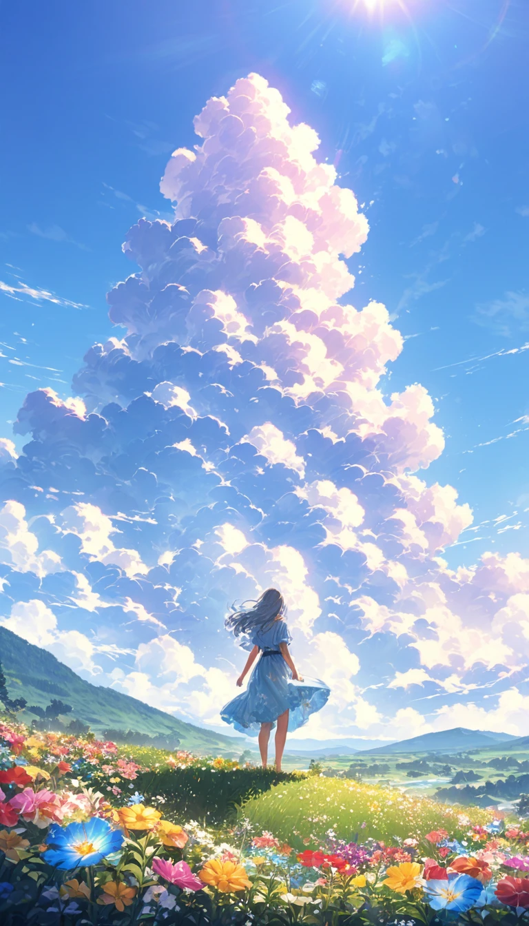 "Illustrate a serene, peaceful nature scene in summer with vivid, beautiful colors in photorealistic 8K quality. Show an 18-year-old anime girl standing on a lush mountain, reaching towards the endless blue sky, facing away from the screen. Below her, green meadows bloom with colorful flowers, while distant peaks bask in the summer sun, inspiring peace, awe, and tranquility. Ensure the image is a masterpiece with intricate details and stunning visual quality."