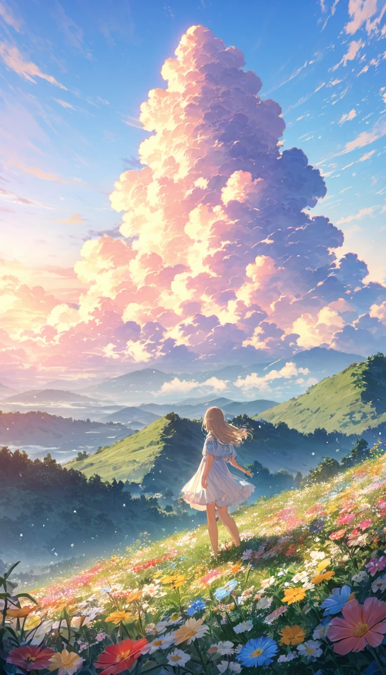"Illustrate a serene, peaceful nature scene in summer with vivid, beautiful colors in photorealistic 8K quality. Show an 18-year-old anime girl standing on a lush mountain, reaching towards the endless blue sky, facing away from the screen. Below her, green meadows bloom with colorful flowers, while distant peaks bask in the summer sun, inspiring peace, awe, and tranquility. Ensure the image is a masterpiece with intricate details and stunning visual quality."